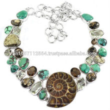 Natürlicher Ammonit Turritella Pyrite Türkis Grün Amethyst &amp; Smoky Quarz Edelstein mit 925 Sterling Silber Handgefertigte Halskette